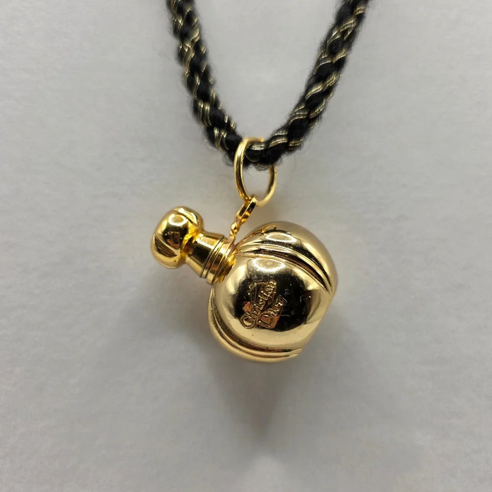Christian Dior Poison Perfume Bottle Pendant Necklace Vintage Gold plated Black